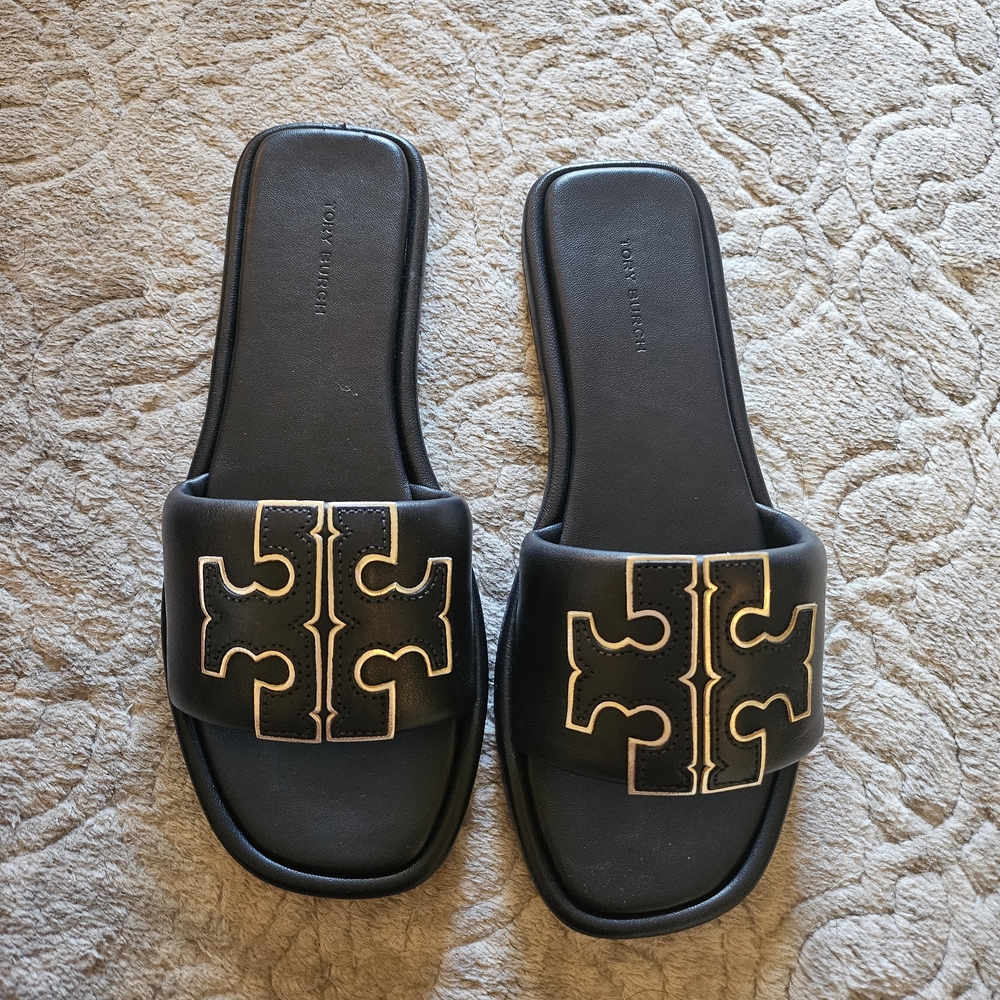 Double T Leather Medallion Slide Sandals$200 Navy Gold